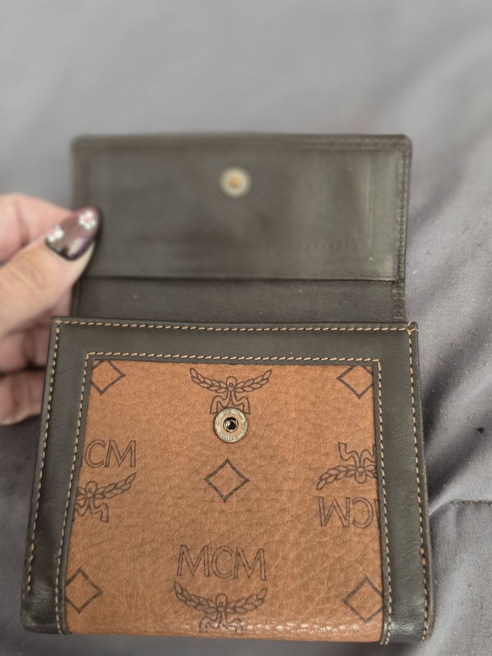 AUTHENTIC MCM Two-Tone Brown Monogram Compact Wallet with Gold Plate - Picture 6 of 11